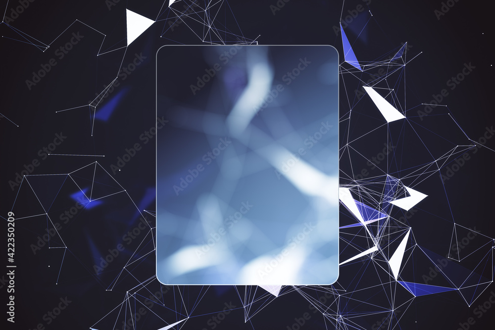 Poster Matt transparent screen with rounded corners and copyspace on abstract dark background with chaotic geometrical lines. Mockup