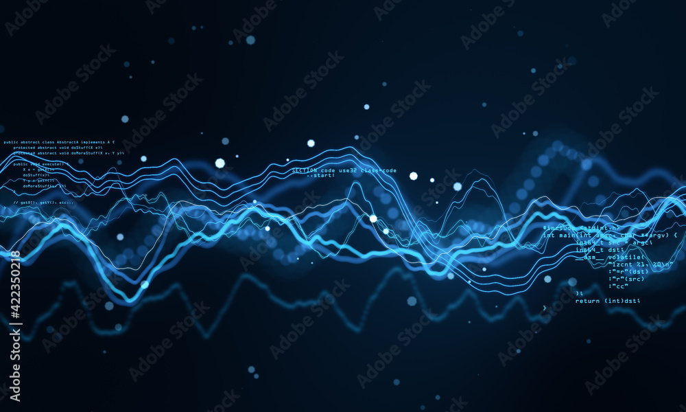 Aufkleber Machine learning concept with blue glowing data waves and abstract programming code on dark backdrop