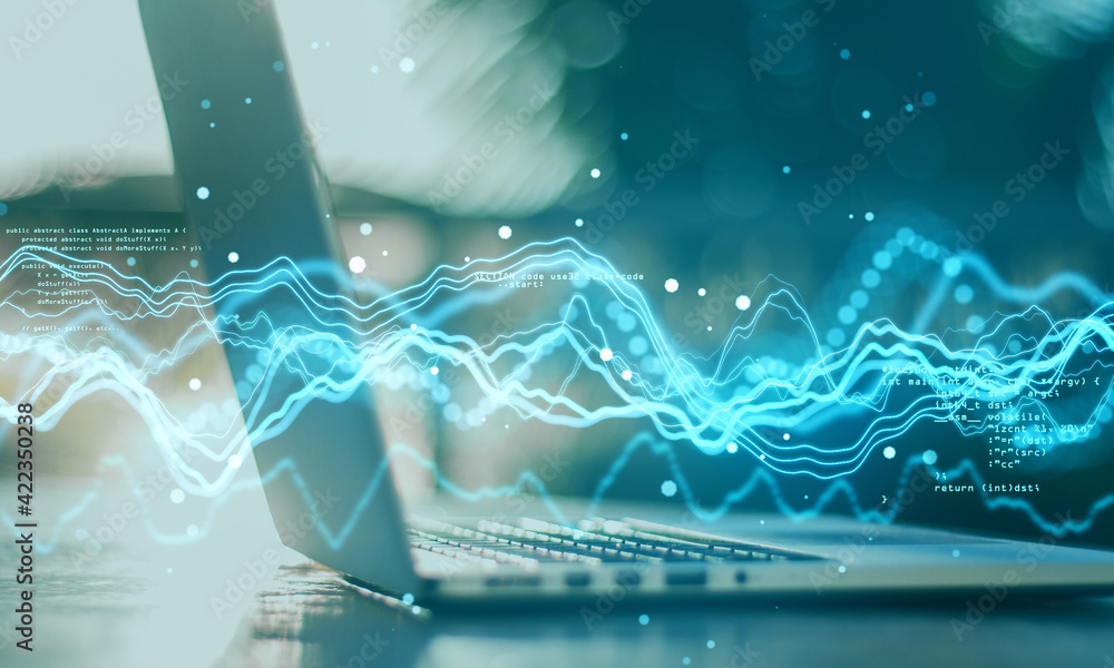 Aufkleber Machine learning concept with blue glowing data waves and abstract programming code on laptop background