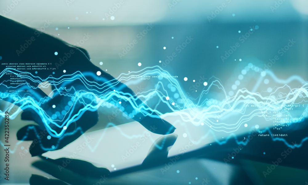 Aufkleber Artificial neural network concept with statistic data waves and programming code on background with human finger on digital tablet touch screen