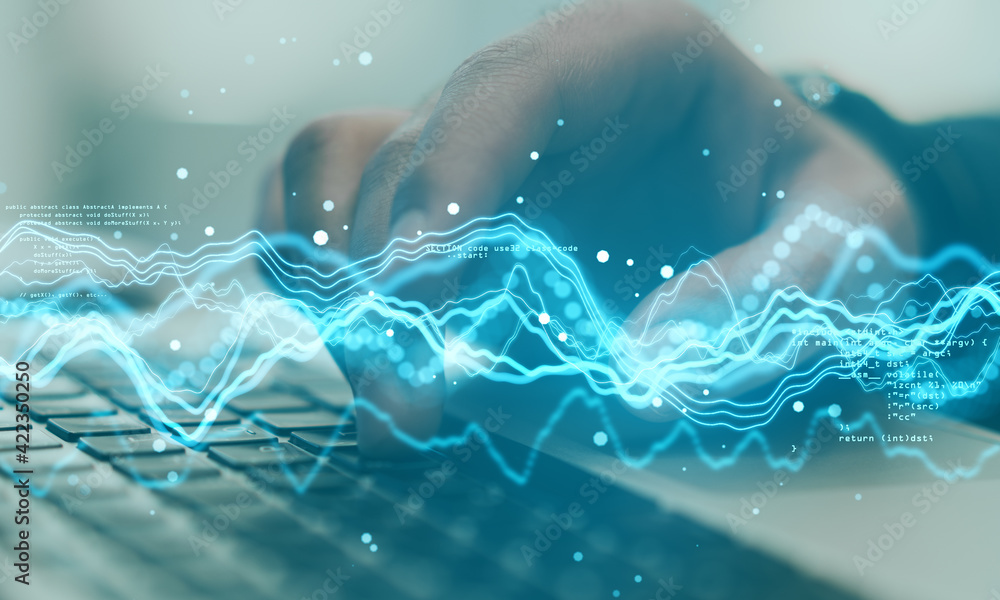 Aufkleber Big data concept with digital waves and abstract programming code on backdrop with man hand typing on laptop