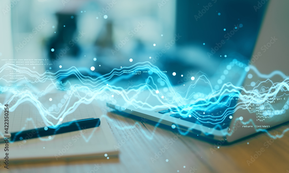 Leinwandbilder Global network and blockchain concept with statistic data waves and abstract programming code on laptop background