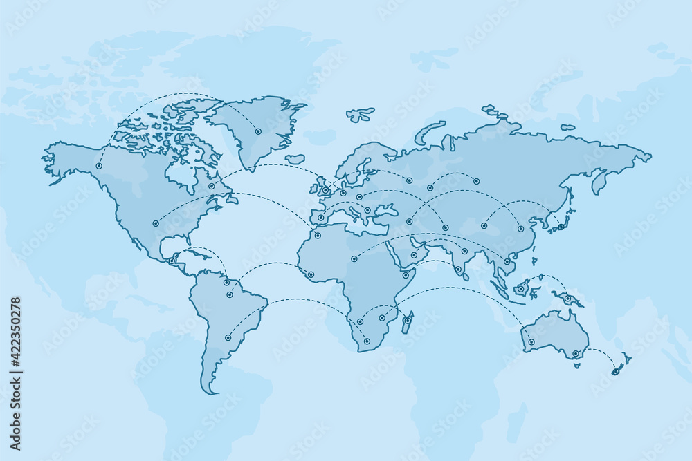 Poster Globalization concept with contour line countries on world map connected by dotted lines on abstract light background