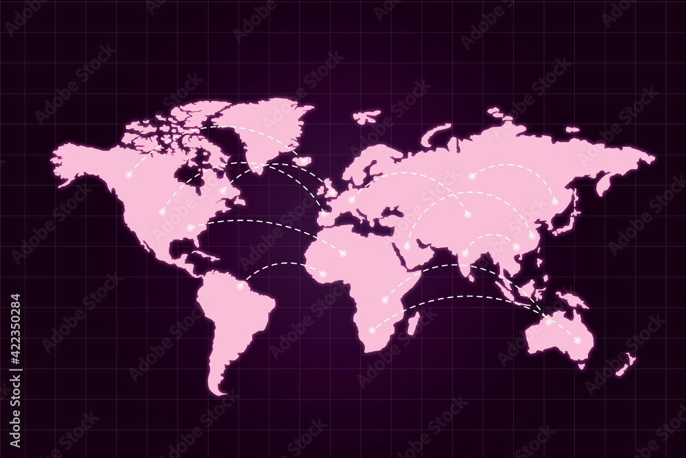 Poster Pink color countries on world map with dotted lines between them