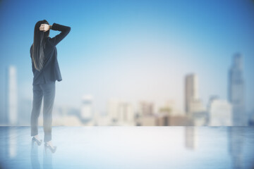 New business idea concept with businesswoman on glossy surface on city skyline background with copyspace. Double exposure