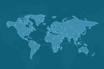 Worldwide concept with countries map illustration connected by dotted lines on blue background