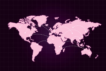 Fototapeta na wymiar Pink color countries on world map with dotted lines between them