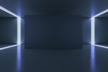 Empty black wall screen in gallery hall with dark ceiling, floor and glowing lines on the corners