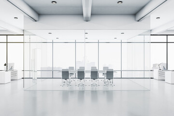 Front view on stylish meeting room with glass walls in light modern office with glossy floor and...