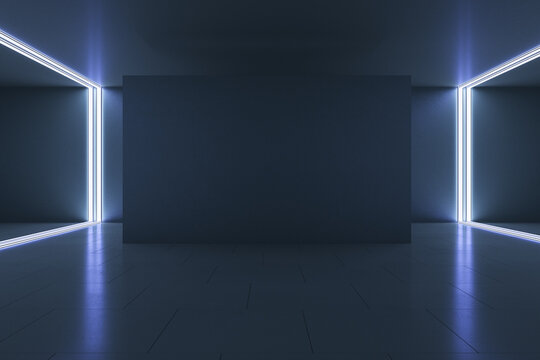 Empty Black Wall Screen In Gallery Hall With Dark Ceiling, Floor And Glowing Lines On The Corners