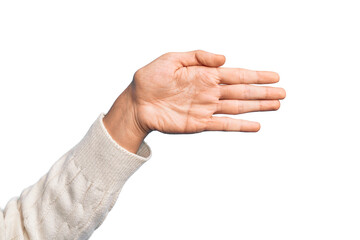 Hand of caucasian young man showing fingers over isolated white background stretching and reaching with open hand for handshake, showing palm