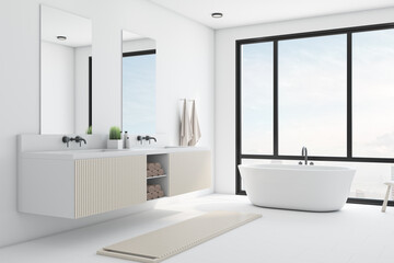 Fototapeta na wymiar Modern cozy bathroom with a panoramic window, cityview, mirror and a sink.