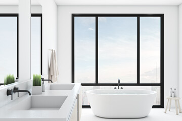 Fototapeta premium Modern comfortable bathroom with a panoramic window, city view, mirror and a sink.
