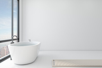 Modern bathroom with a blank white wall in the background, panoramic window.