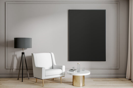 Black poster with copyspace in modern cabinet room with stylish furniture: white armchair, black lamp and coffee table. Mock up