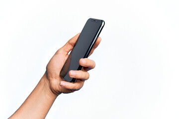 Hand of caucasian young man holding smartphone showing screen over isolated white background