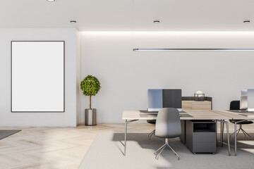 Blank white poster in black picture frame on light wall in sunny spacious office with wooden furniture and floor and tree in metallic flowerpot. Mock up