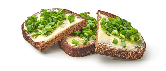 Sandwich with green onion, rye bread, close-up, isolated on white background
