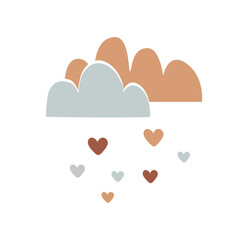 Nursery art with cute clouds and hearts rain. Nursery or Valentines concept, vector illustration
