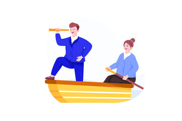 Business man and woman sailing on boat together. Woman is rower and businessman looking to a telescope. © freeslab