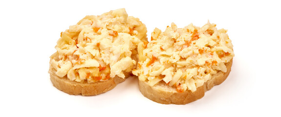 Sandwich with cheese, eggs and carrot filling, isolated on white background