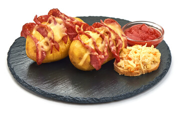 Baked loaded potatoes with cheese, isolated on white background