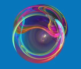 Abstract glossy transparent spherical shape or bubble with pink, violet, blue and orange stains inside on blue background. Swirls and spotlights, reflections and refractions inside the shape.	