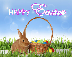 Happy Easter. Adorable bunny near wicker basket with dyed eggs on green grass outdoors