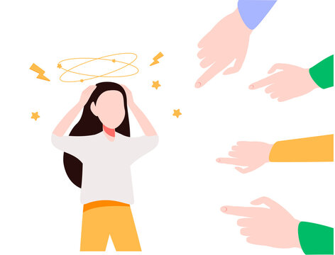 Social media bullying. Haters pointing fingers frim monitor at victim, laughing at crying girl. Flat vector illustration for hate, violence, stress, online abuse concept