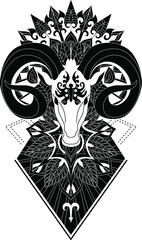 Aries with mandala Tattoo design,Horn sheep line art design for coloring book