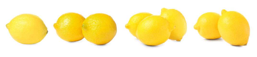 Set with fresh ripe lemons on white background. Banner design