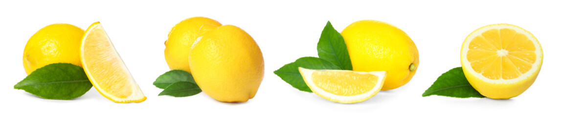 Set with fresh ripe lemons on white background. Banner design
