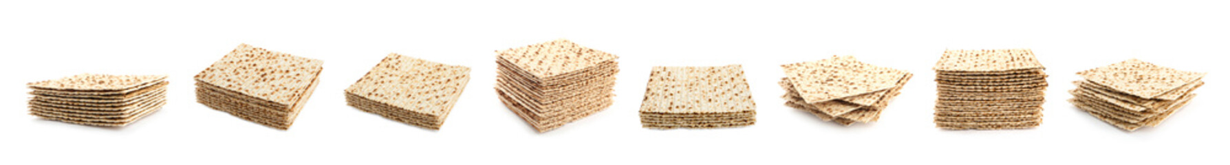 Set with Passover matzos on white background, banner design. Pesach celebration