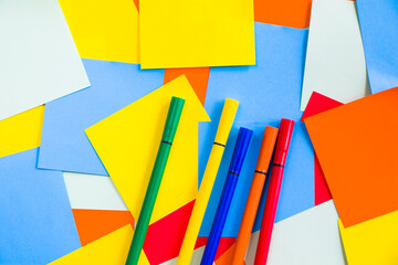 Sketch markers on the colorful paper background, paper board and empty space for text