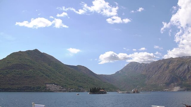View of the islands of Perast and mountains behind them in the Bay of Kotor 