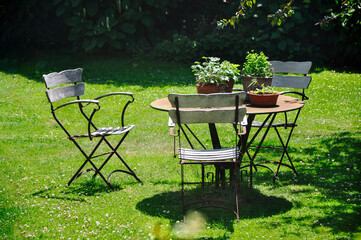 image of beautiful green garden with antique chairs for decoration with a plants for garden cecorative.