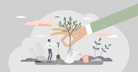 Plant a tree as corporate environmental responsibility tiny person concept