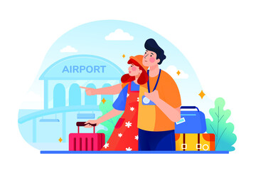 Traveling couple of young people. Man and woman with luggage are go in the airport building.