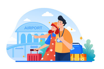 Traveling couple of young people. Man and woman with luggage are go in the airport building.