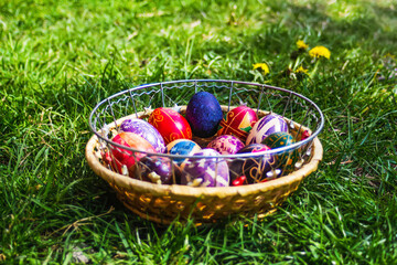 Defocus multicolored easter eggs. Decorated pysanka and krashanka. Wooden Basket With Easter Eggs In The Green Grass. Close-up. Festive. Traditional. dandelion surrounded. Side view. Out of focus