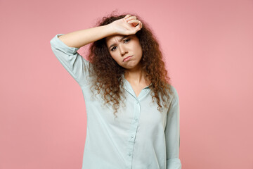 Young black african american sick ill exhausted pensive sad tired curly depressed woman 20s in...