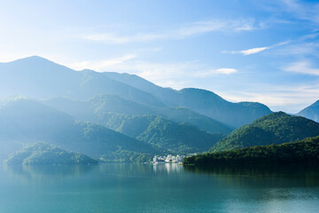 The scenery of Sun Moon Lake in the morning, a famous attraction in Taiwan, Asia.