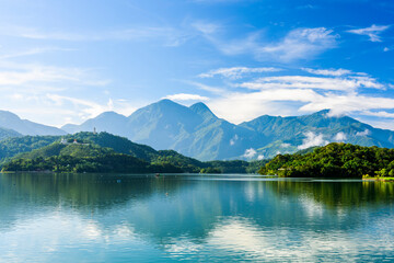 The scenery of Sun Moon Lake in the morning, a famous attraction in Taiwan, Asia.