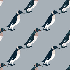Decorative cute seamless animal pattern with simple penguin silhouettes. Blue background.