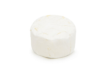 Whole head of delicious brie cheese isolated on white background. Cheese with white mold.