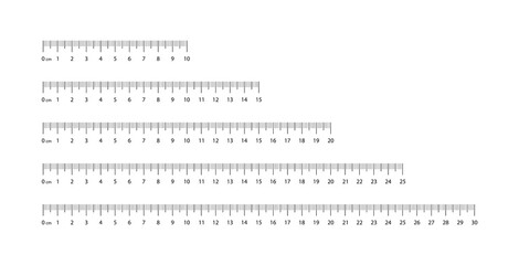 Measuring scale set, marking for ruler, marks for tape measure. Set of scale 10, 15, 20, 25, 30 cm. Measuring tool. Ruler scale measure. Vector illustration. EPS 10