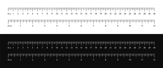 Measuring scale black and white, marking for ruler, marks for tape measure, thermometer scale. Set of scale 30 cm 12 inch. Measuring tool. Vector illustration EPS 10 - obrazy, fototapety, plakaty
