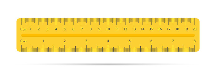 Ruler inches and cm scale on white background with shadow. Plastic yellow insulated ruler with double side measuring inches and centimeters. Ruler 20 cm scale in flat style. Vector illustration - obrazy, fototapety, plakaty
