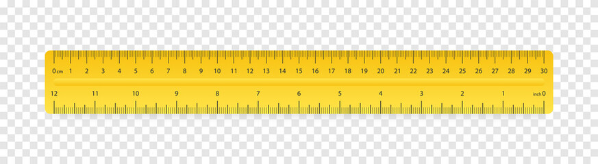 Ruler inches and cm scale on transparent background with shadow. Plastic yellow insulated ruler with double side measuring inches and centimeters. Ruler 30 cm scale. School geometric supplies. Vector - obrazy, fototapety, plakaty