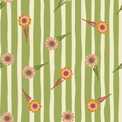 Random seamless pattern with folk flowers ornament. Green striped background. .